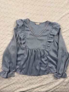 Altar'd State Dusty Blue Ruffle V-Neck Blouse